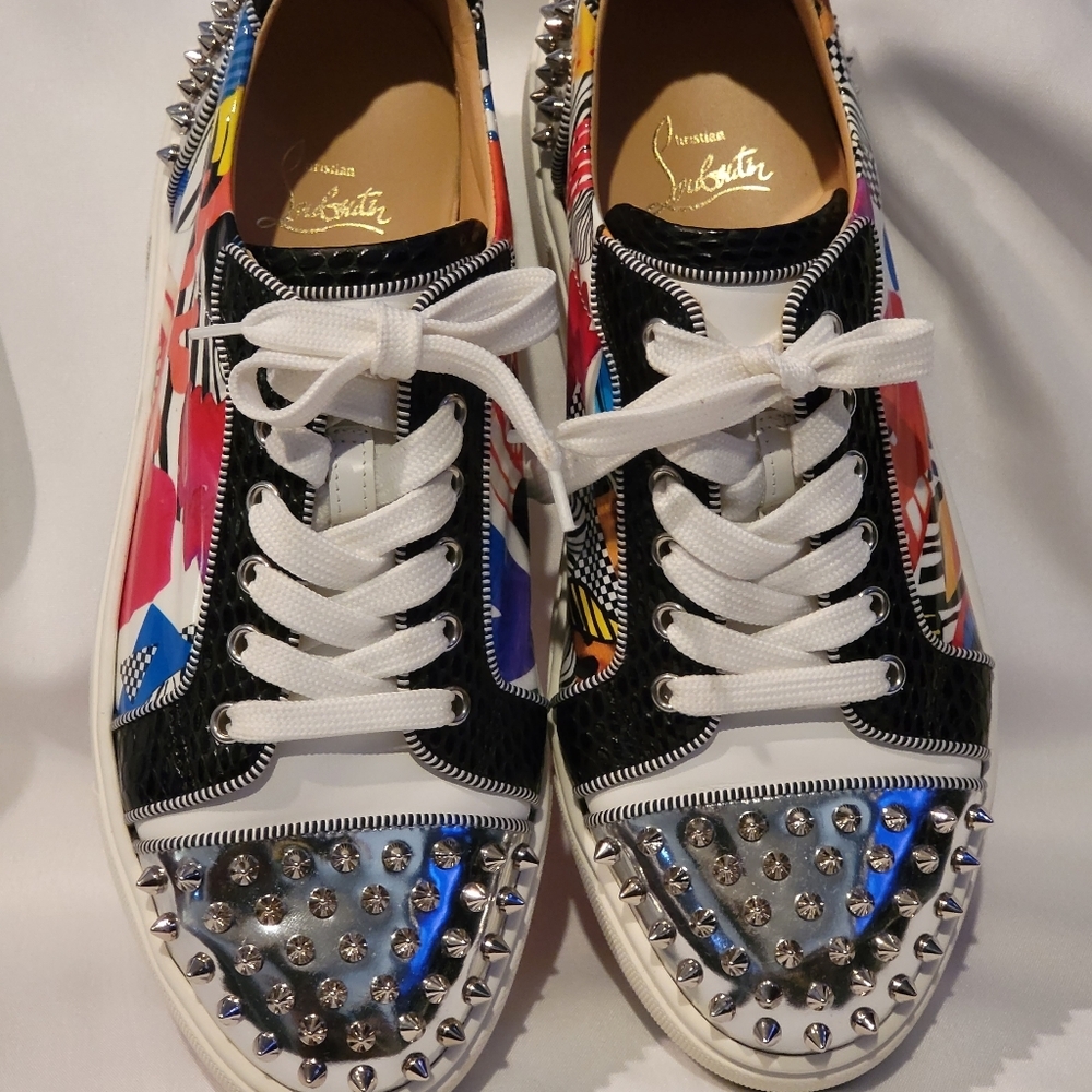 🔥Christian Louboutin Vierissima Multi Pattern Spike Red Sole Sneakers 👟👠🔥